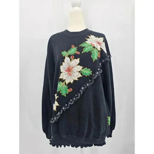 Vtg Jerzees Homemade Women's XL Christmas Poinsettia Ruffle Crewneck Sweater